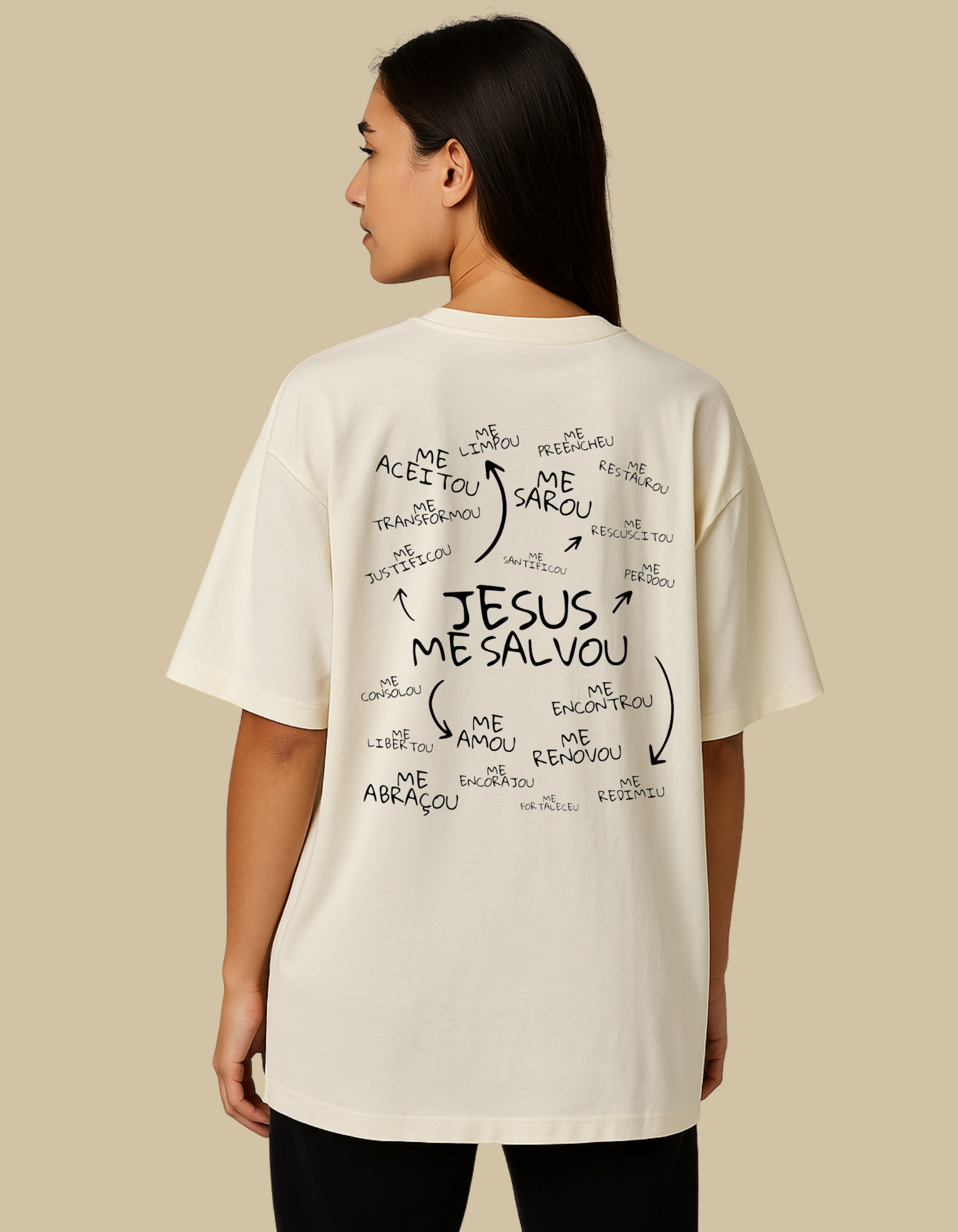 Camiseta Oversized Off white Jesus me salvou