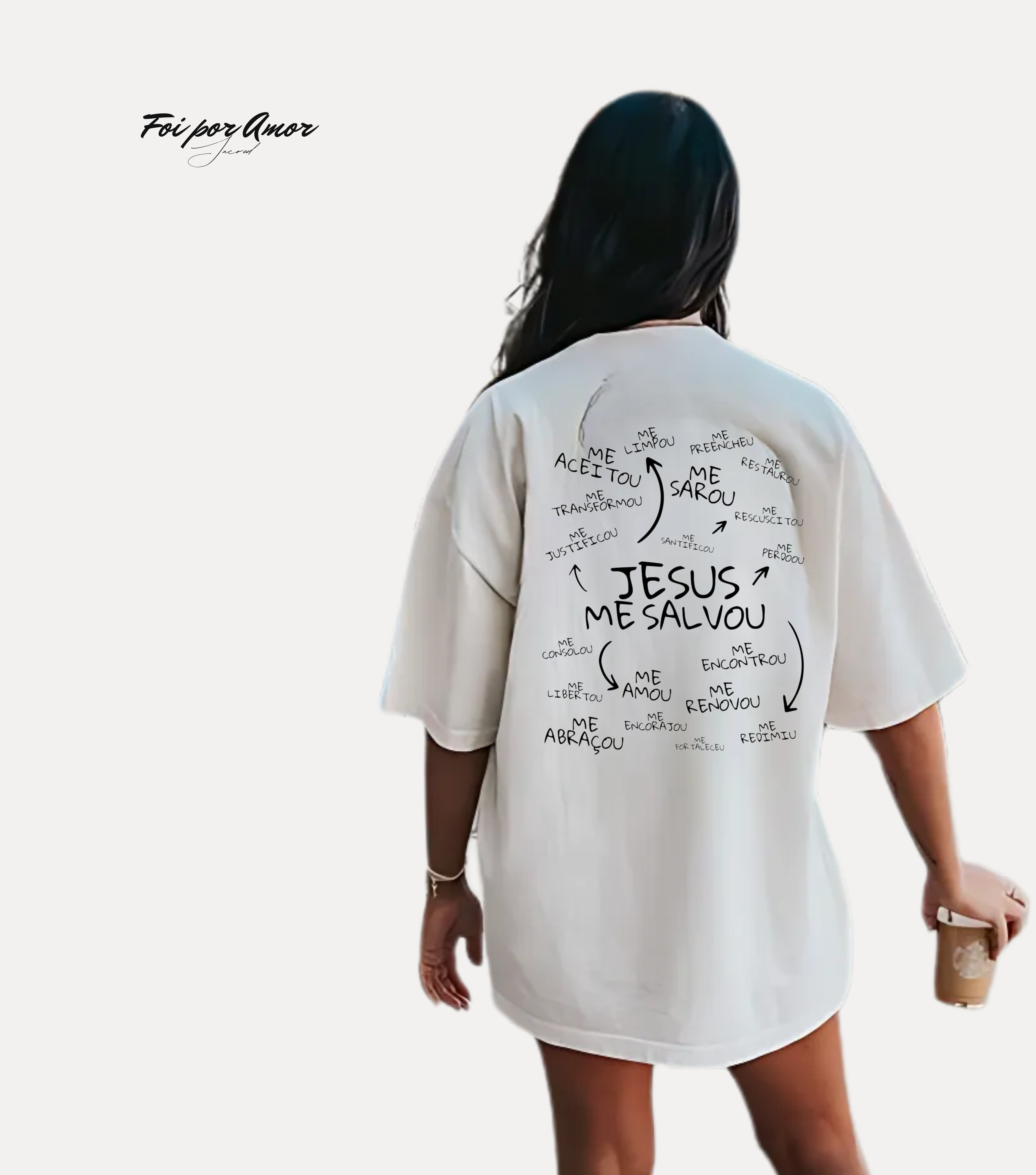 Camiseta Oversized Off white Jesus me salvou
