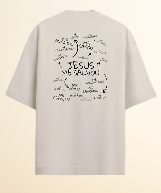Camiseta Oversized Off white Jesus me salvou
